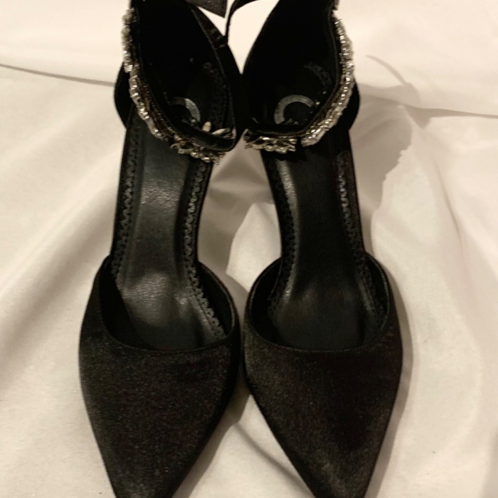 Black Satin & Rhinestone Heels - Picture 5 of 6